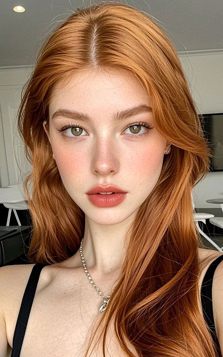 Woman with long red hair and green eyes wearing a necklace indoors