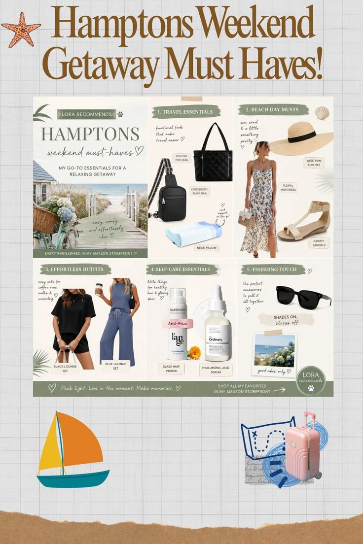 A collage of Hamptons weekend getaway must-haves including clothing, accessories, and self-care items