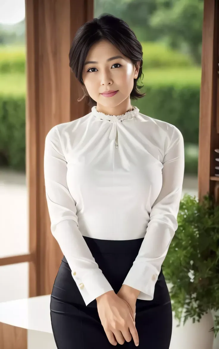 Woman with short dark hair in a white blouse and black skirt indoors