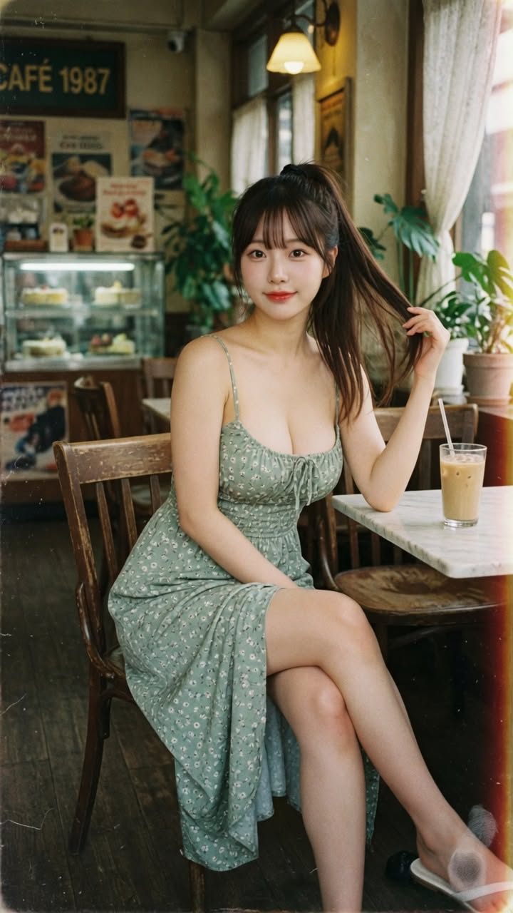 Woman in a floral dress sitting in a cafe with an iced coffee