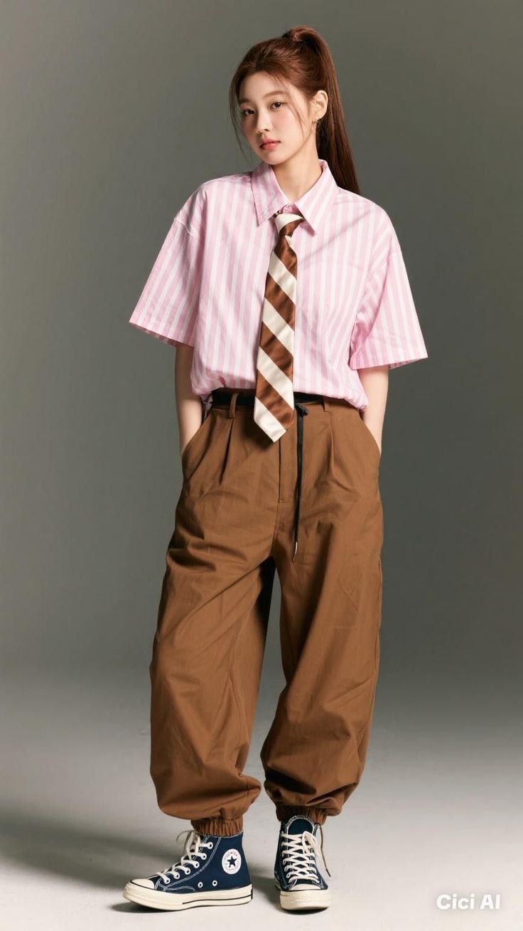 Woman in a pink striped shirt, brown pants, and a striped tie posing in a studio