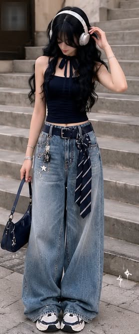 Woman with long black hair wearing headphones, a crop top, and wide leg jeans