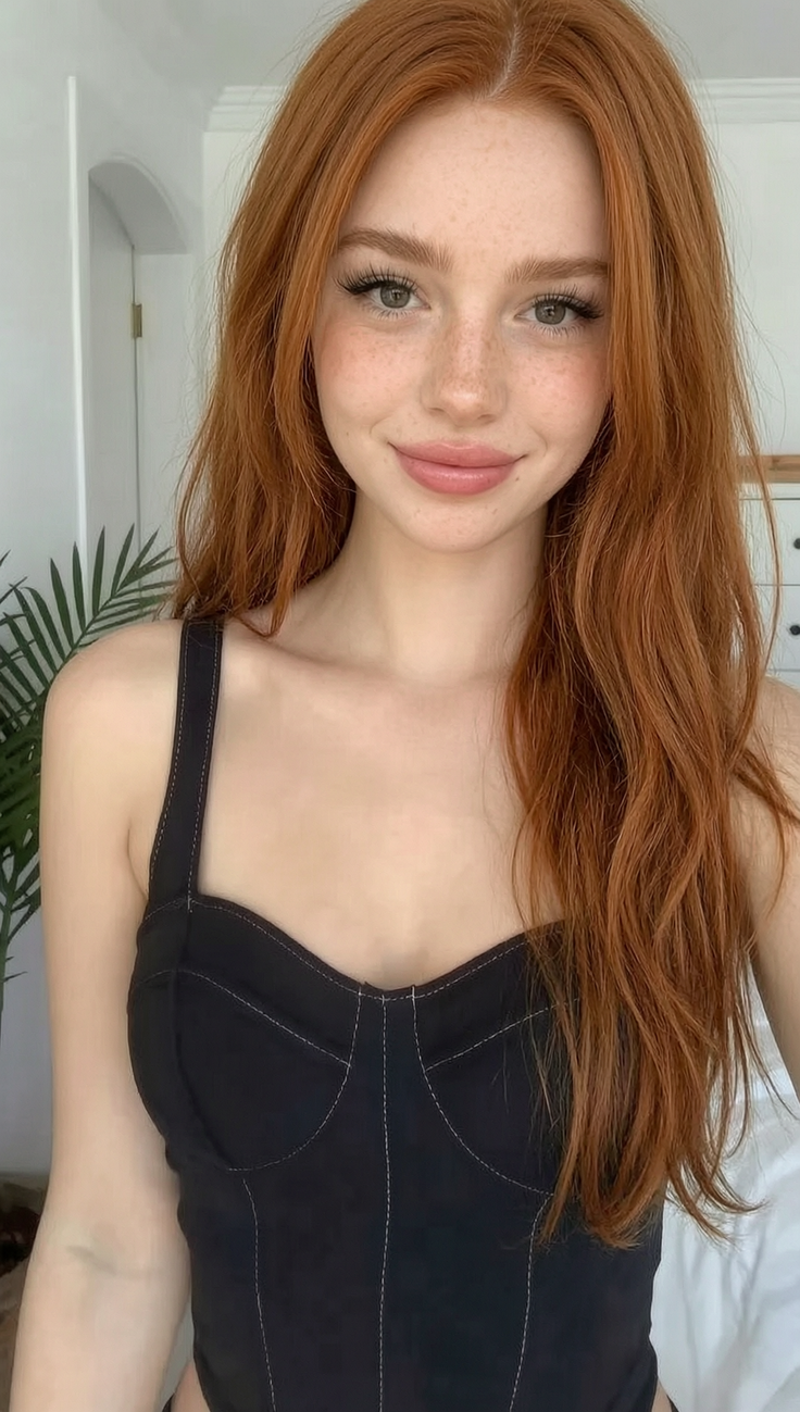 Woman with long red hair and freckles wearing a black top indoors