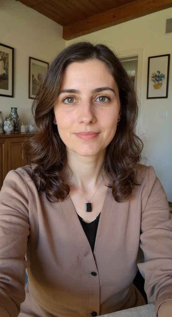 Woman with brown wavy hair and green eyes wearing a cardigan and necklace indoors