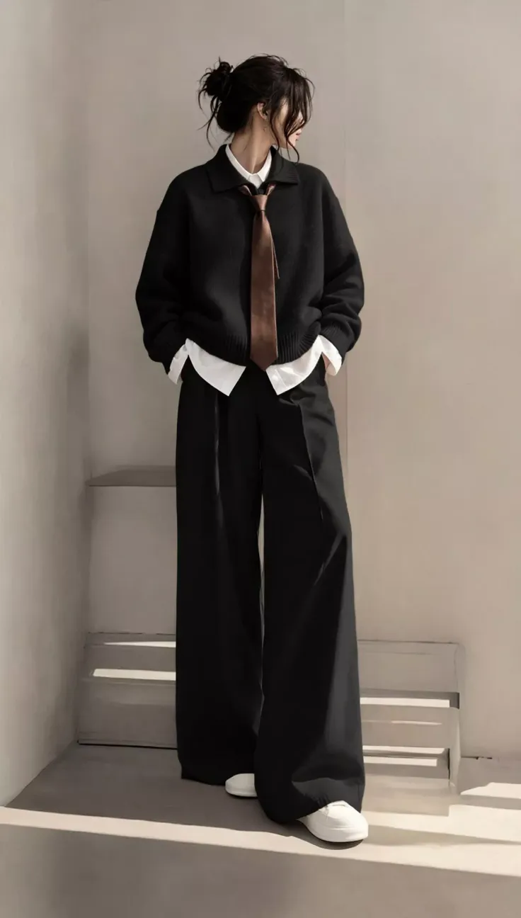 Woman in a black sweater, white shirt, and wide-leg pants with a brown tie