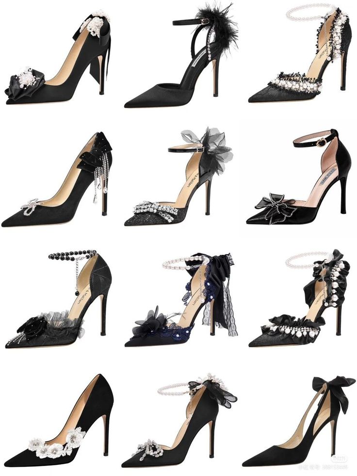 Collection of black high heels with various decorative elements on a white background