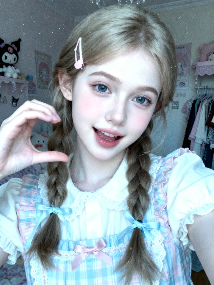 Young girl with blonde braids and blue eyes wearing a plaid dress indoors