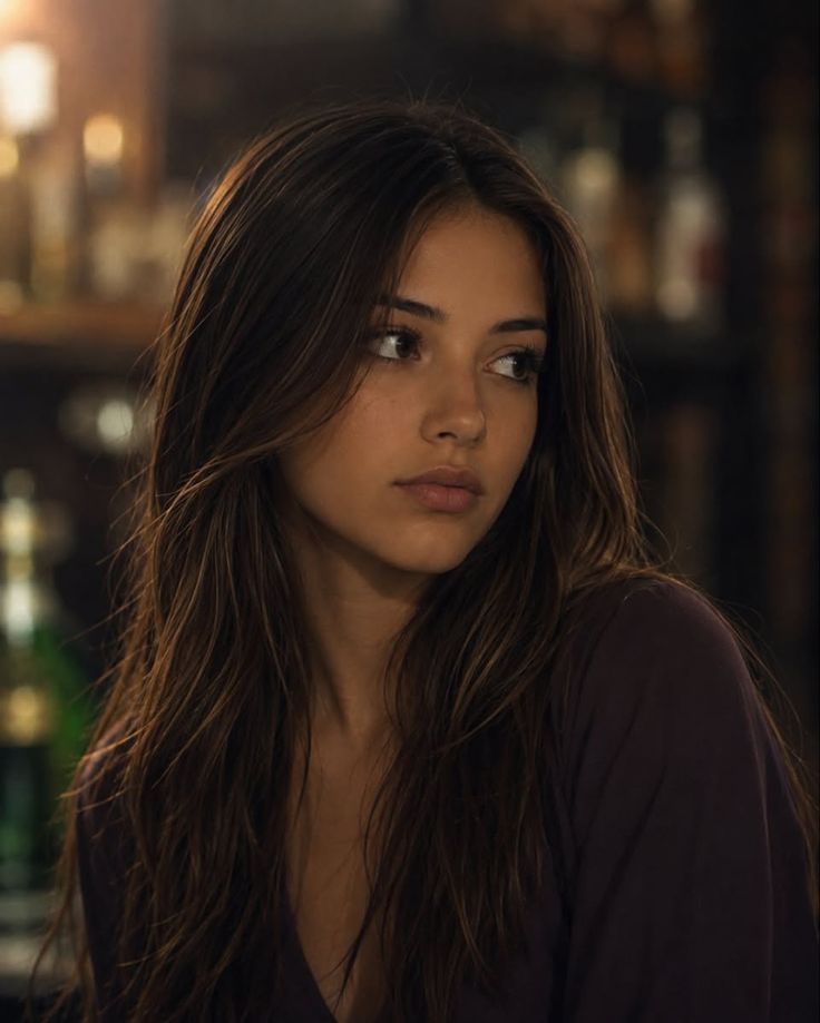 Woman with long dark hair looking away in a dimly lit indoor setting