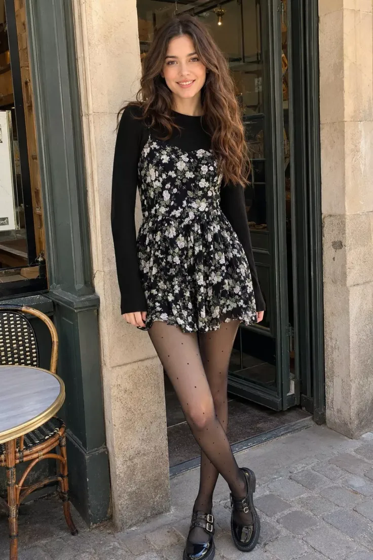 Woman in a floral dress and polka dot tights standing outdoors