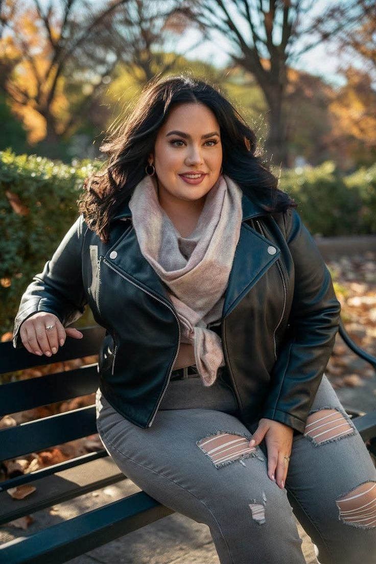 Woman in a black leather jacket and ripped jeans sitting on a park bench