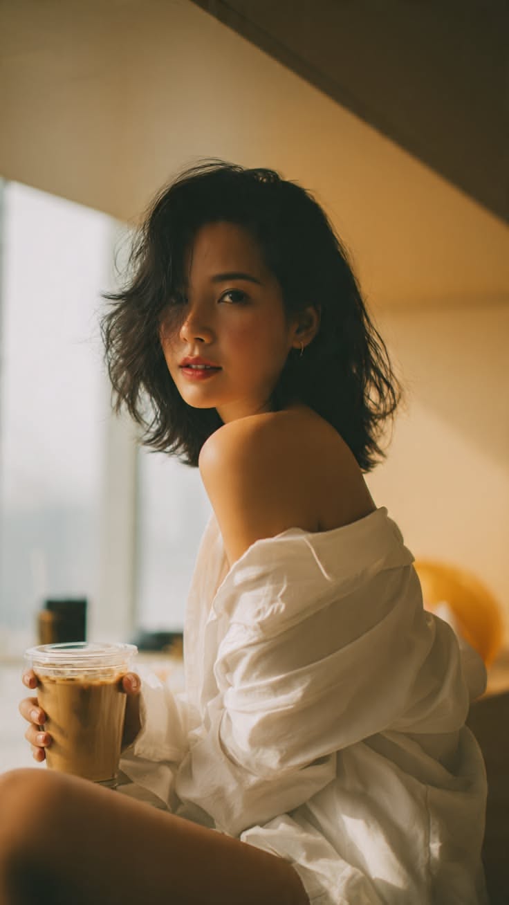 Woman with short hair in a white shirt holding iced coffee indoors