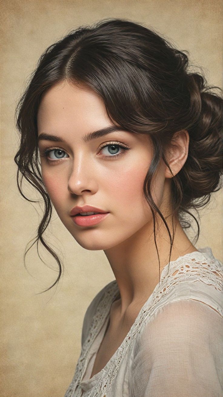 Woman with brown hair in an updo with loose curls, wearing a lace top