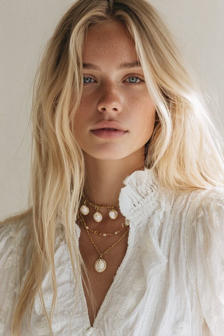Woman with blonde hair and freckles wearing a white blouse and layered necklaces