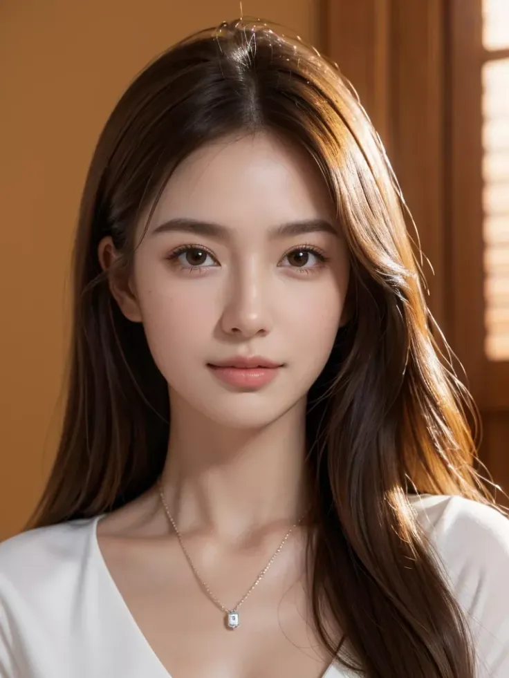 Realistic portrait of a woman with long brown hair and a white top