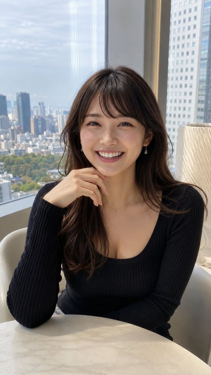 Smiling woman with long hair and a black top in an indoor setting with a cityscape view