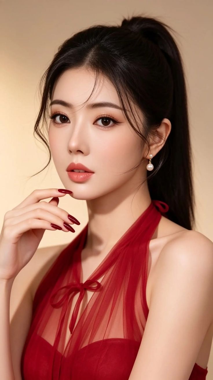 Woman with black hair in a red dress and pearl earrings, with red nails