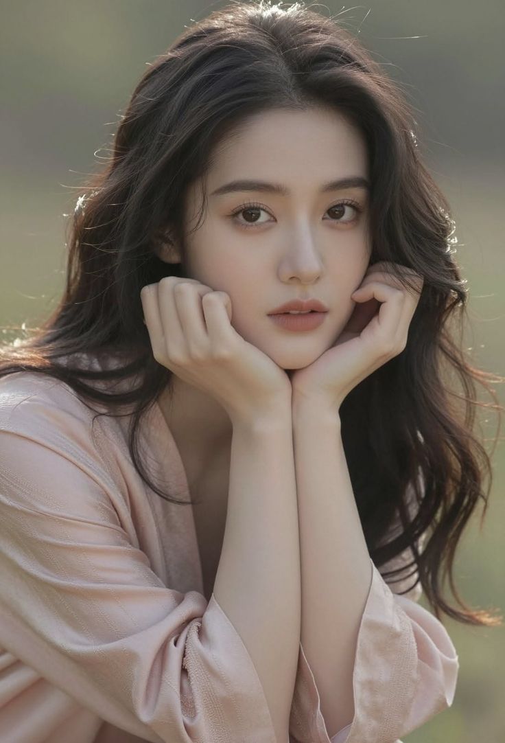 Woman with long dark hair in a pink top, resting her chin on her hands outdoors