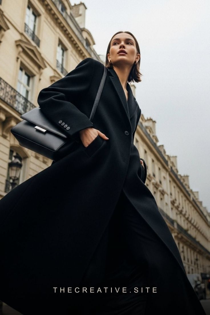 Woman in a long black coat walking on a city street