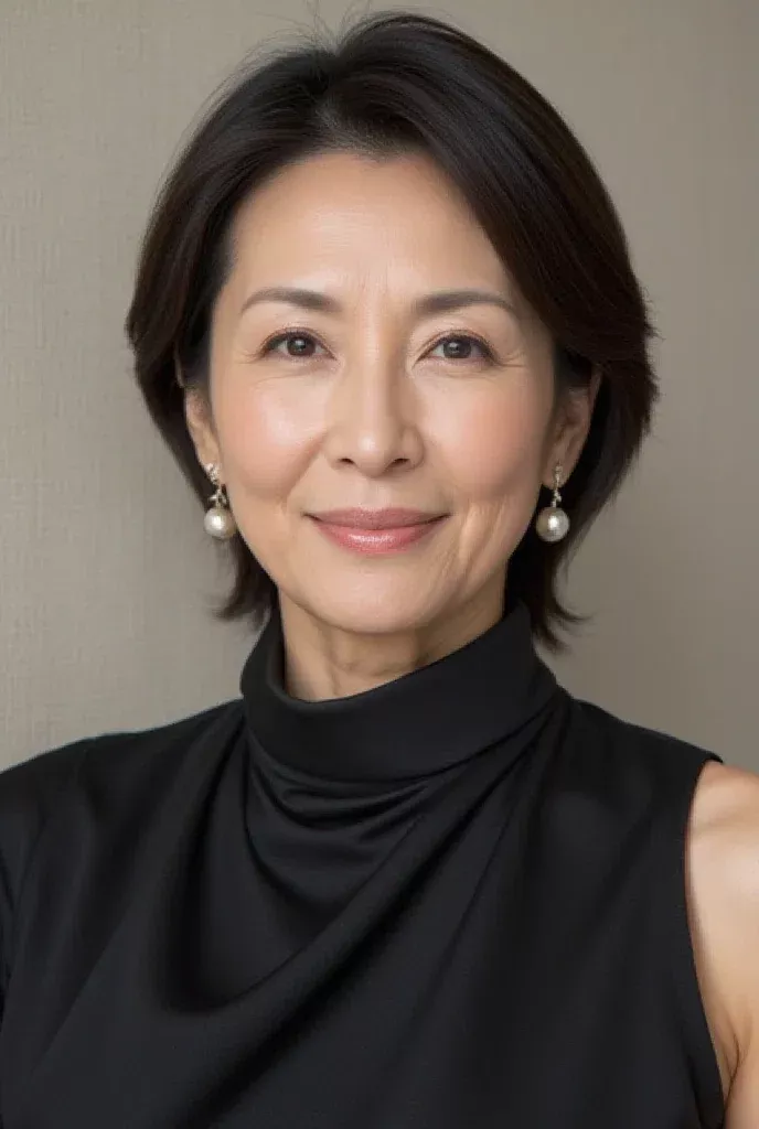Woman with short dark hair wearing a black top and pearl earrings