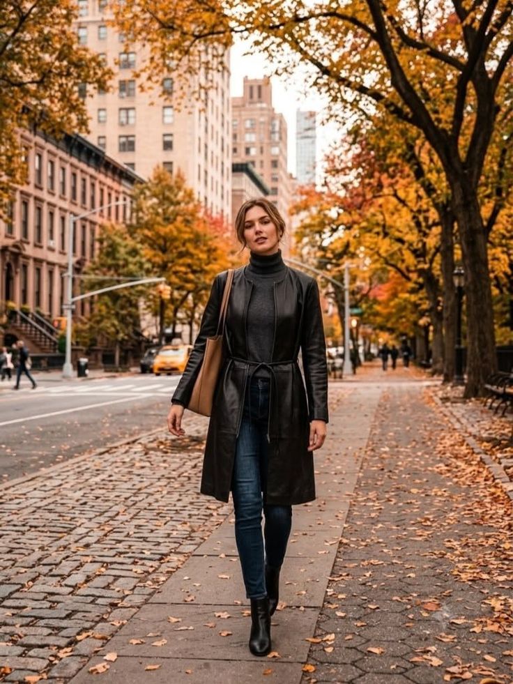 Woman in a black leather coat and jeans walking on a city street in autumn