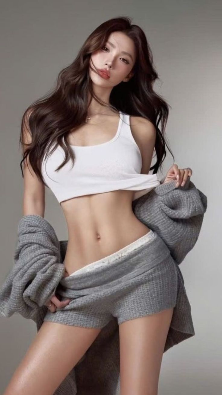 Woman in a white tank top and grey shorts pulling down her clothing