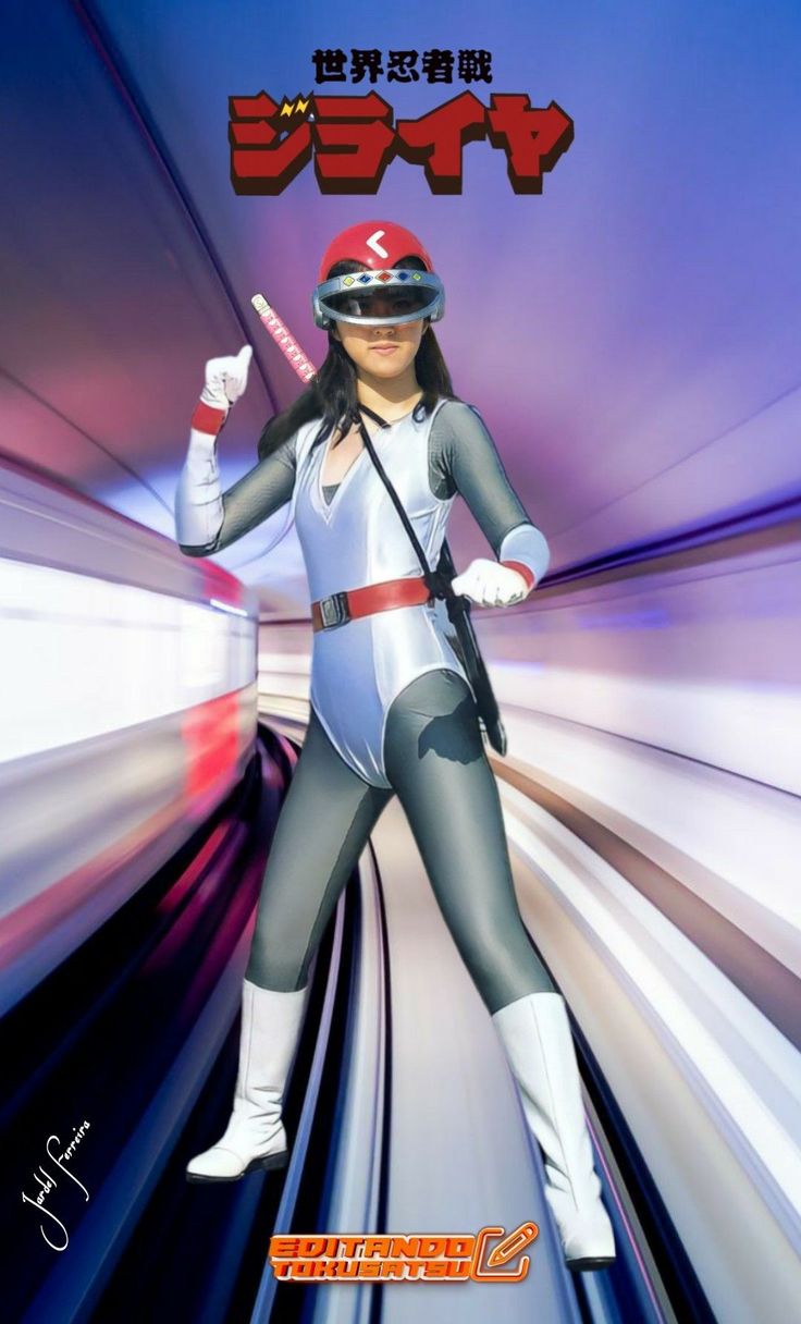 Person in a superhero costume with a red helmet and sword in a futuristic tunnel