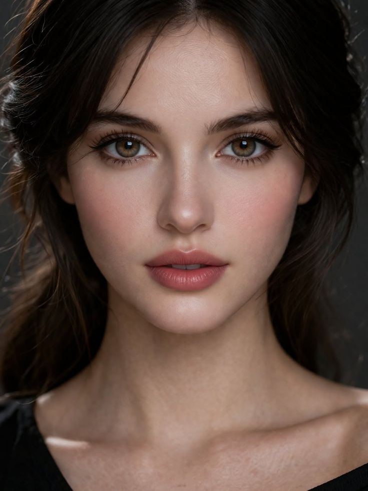 Close-up portrait of a woman with dark hair and brown eyes