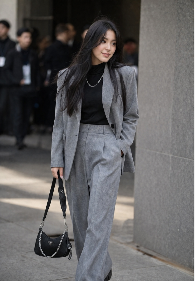 Woman in a gray suit and black turtleneck holding a black handbag outdoors