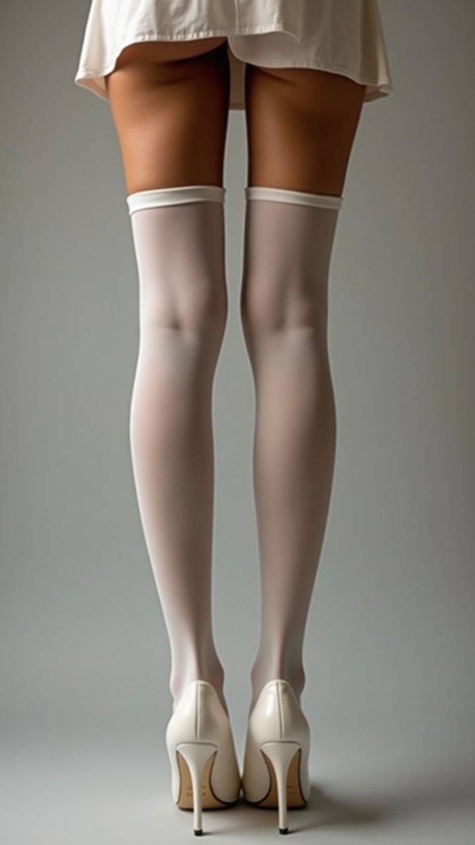 Woman in thigh high stockings and high heels with exposed upper thighs