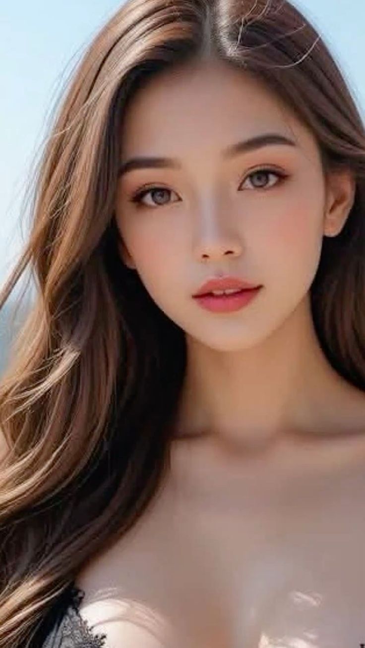 Woman with long brown hair and pink lips, with exposed shoulders