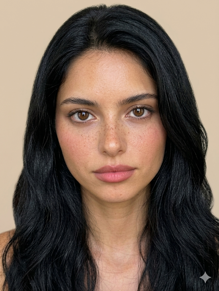 Woman with long black hair and freckles looking directly at the camera