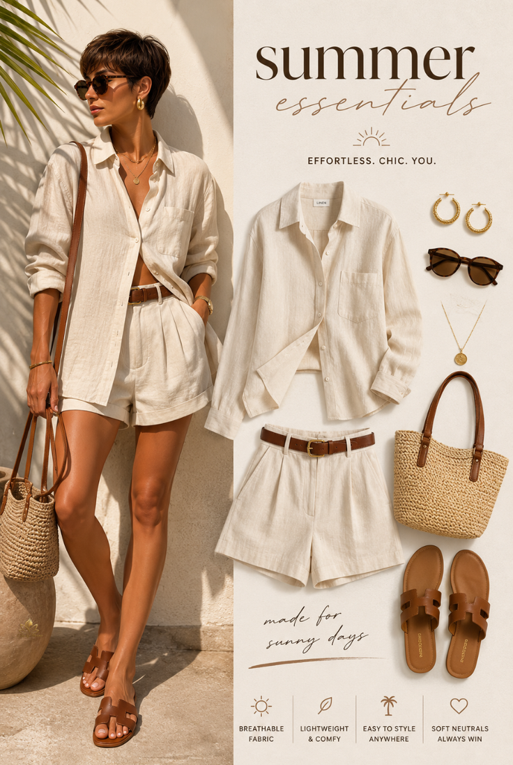 Woman in a linen shirt and shorts with a straw bag and sandals
