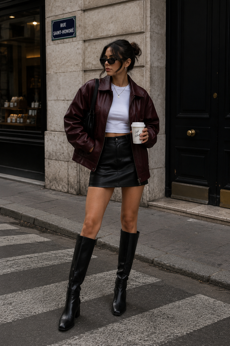 Woman in a leather jacket and mini skirt on a city street