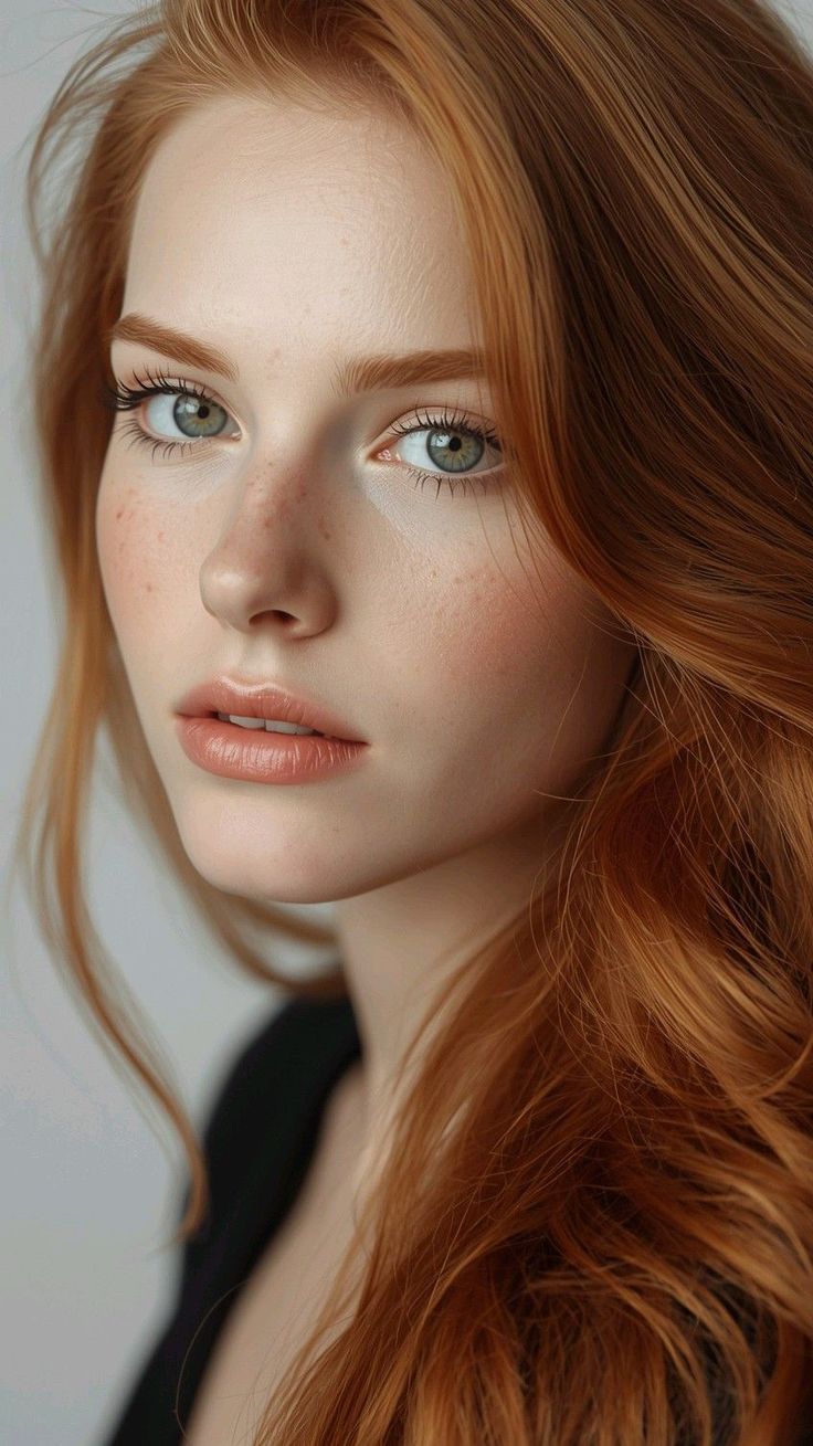 Close up portrait of a woman with red hair, freckles, and green eyes