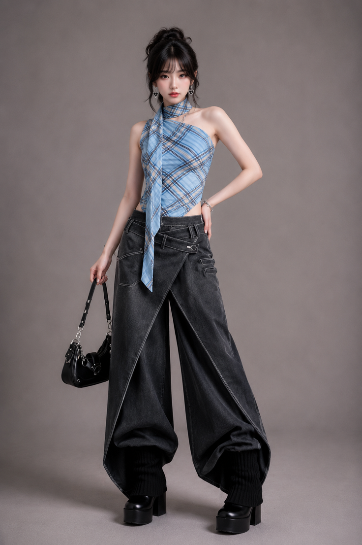 Woman in a plaid top and wide leg pants holding a black handbag
