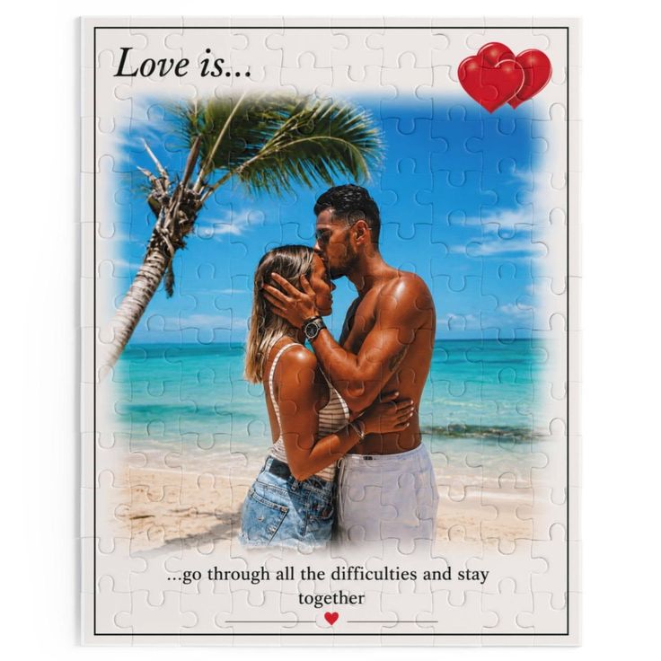 A couple embracing on a beach, depicted as a jigsaw puzzle with text