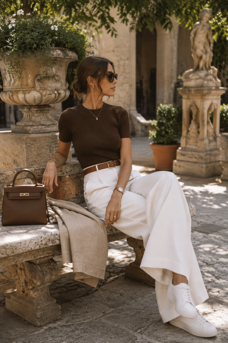 Woman in white pants and a brown top sitting on a stone bench outdoors