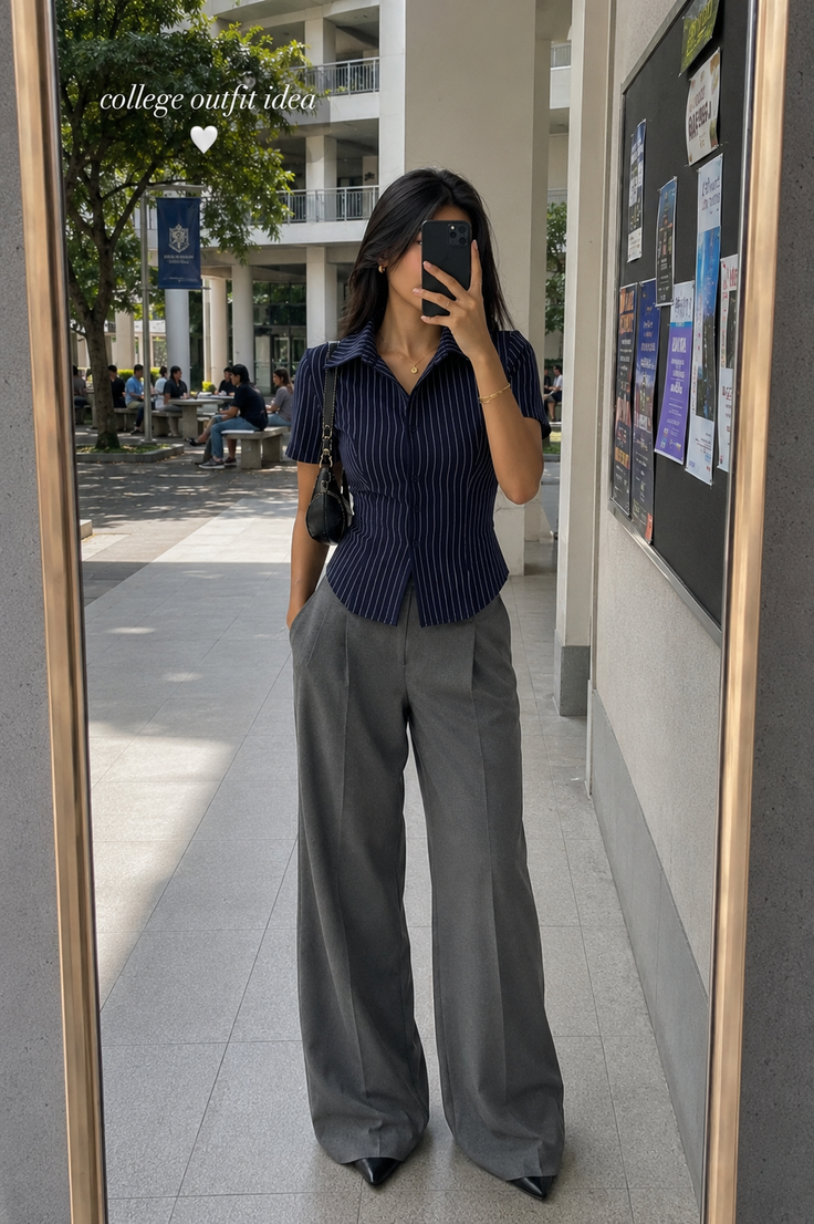 Woman in a striped shirt and wide leg pants taking a mirror selfie on a college campus