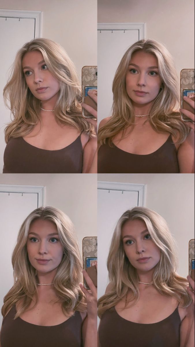 Woman with blonde hair in a brown tank top taking mirror selfies