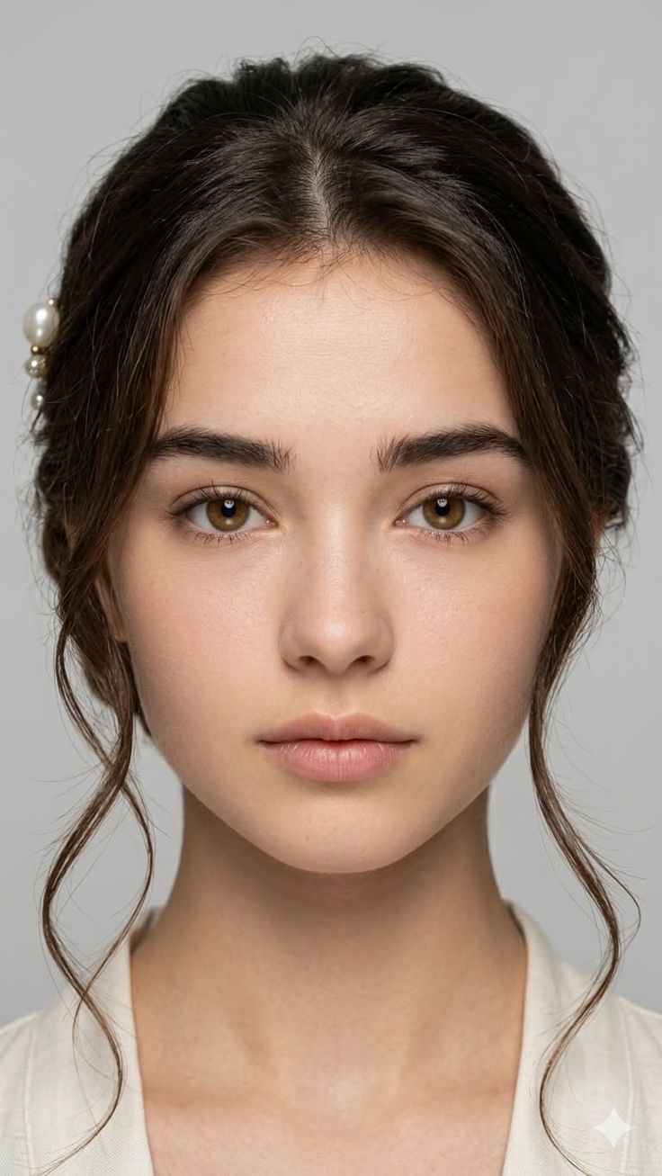 Close up portrait of a young woman with dark hair and pearl hair accessories