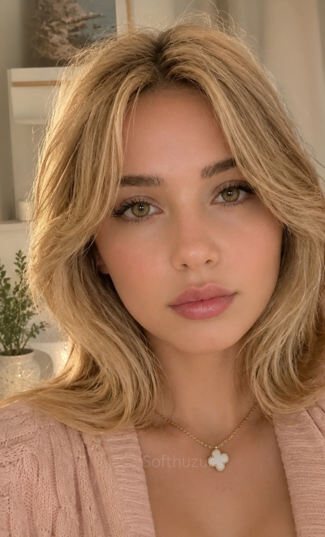Woman with blonde hair and green eyes wearing a pink top and clover necklace