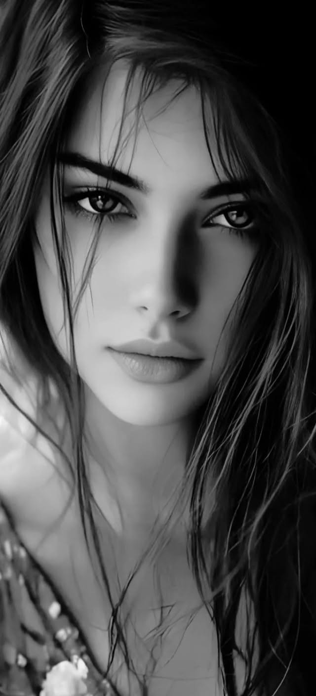 Close up portrait of a woman with long dark hair in black and white