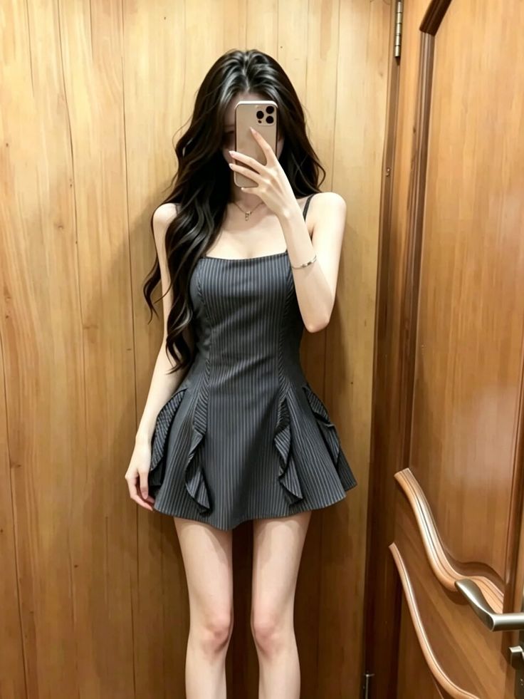 Woman in a pinstripe dress taking a mirror selfie indoors