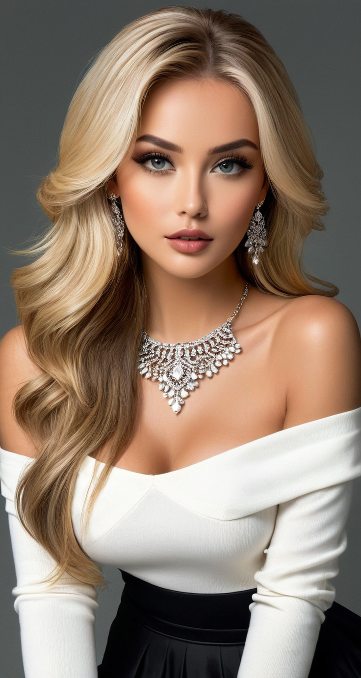 Woman with long blonde hair wearing an off-shoulder top and diamond jewelry
