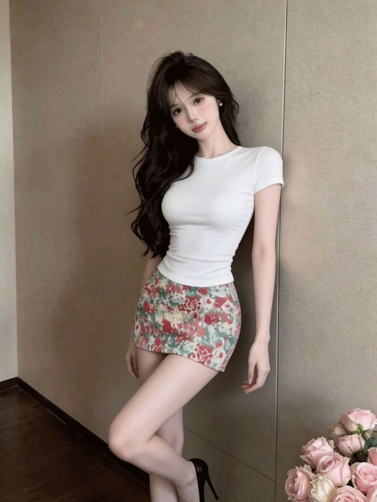 Woman with long dark hair wearing a white t-shirt and floral mini skirt