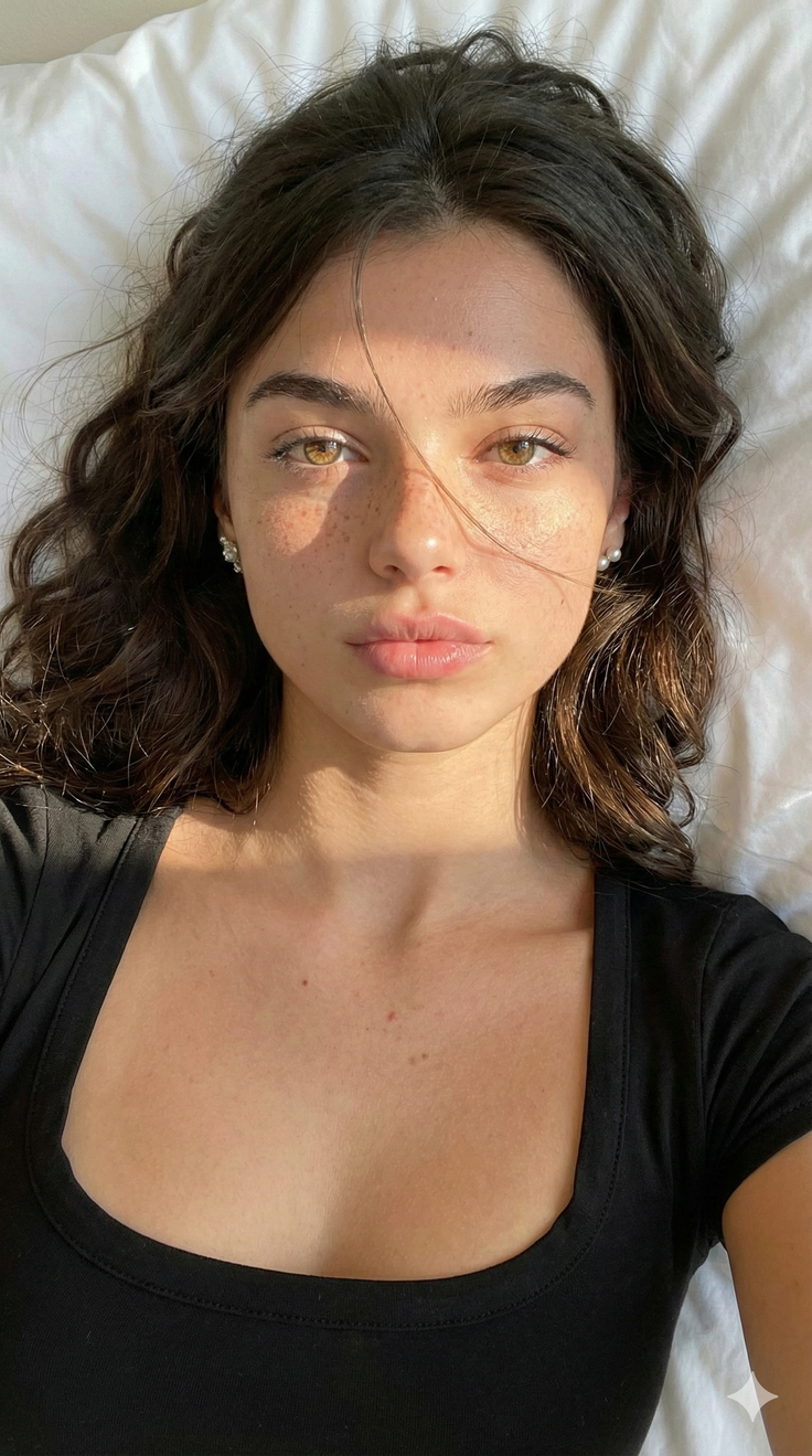 Woman with freckles and brown hair lying down with soft lighting on her face