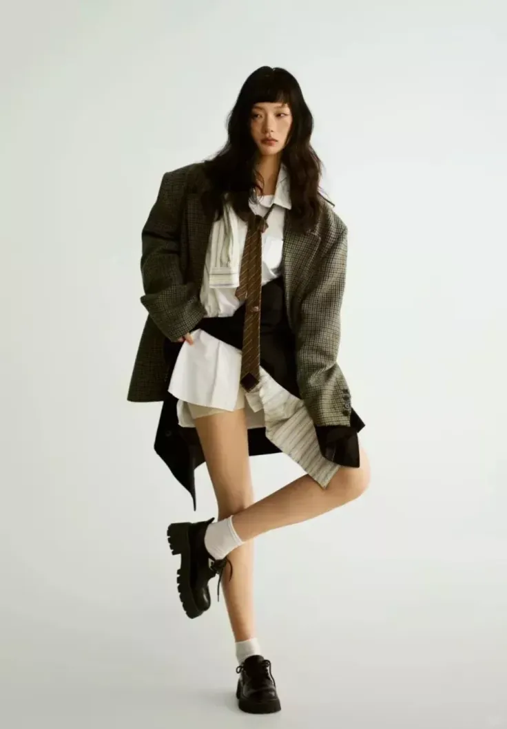 Woman in an oversized blazer and tie posing in a studio