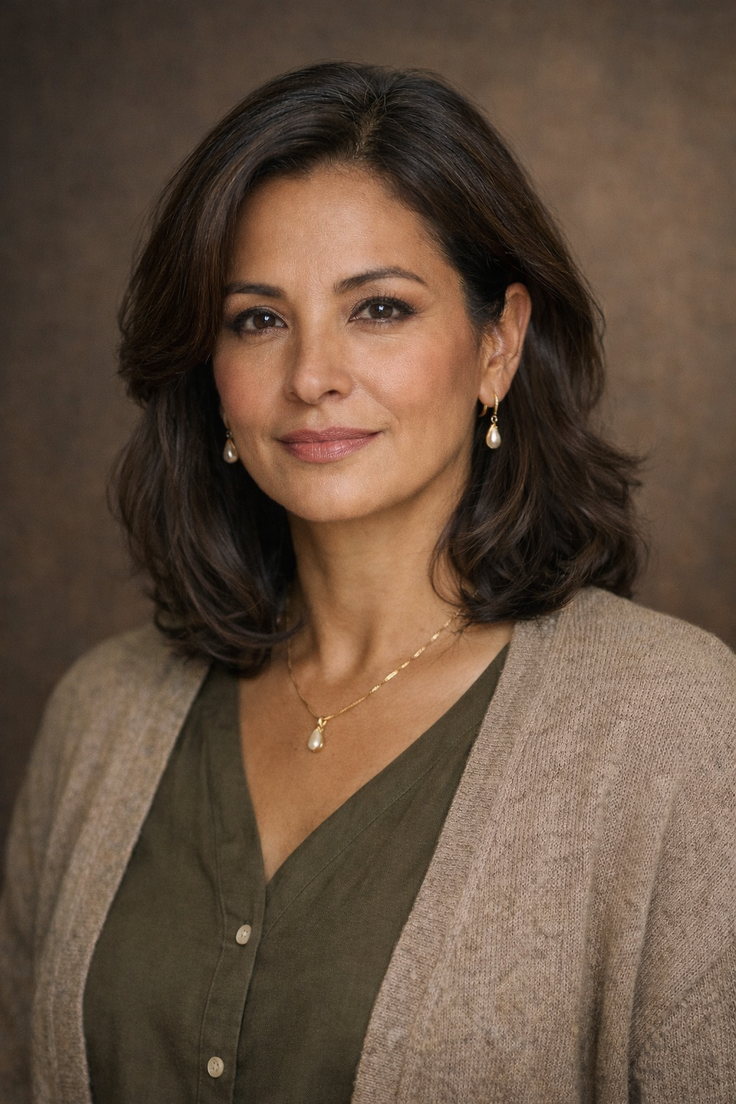 Woman with short brown hair wearing a cardigan and pearl jewelry