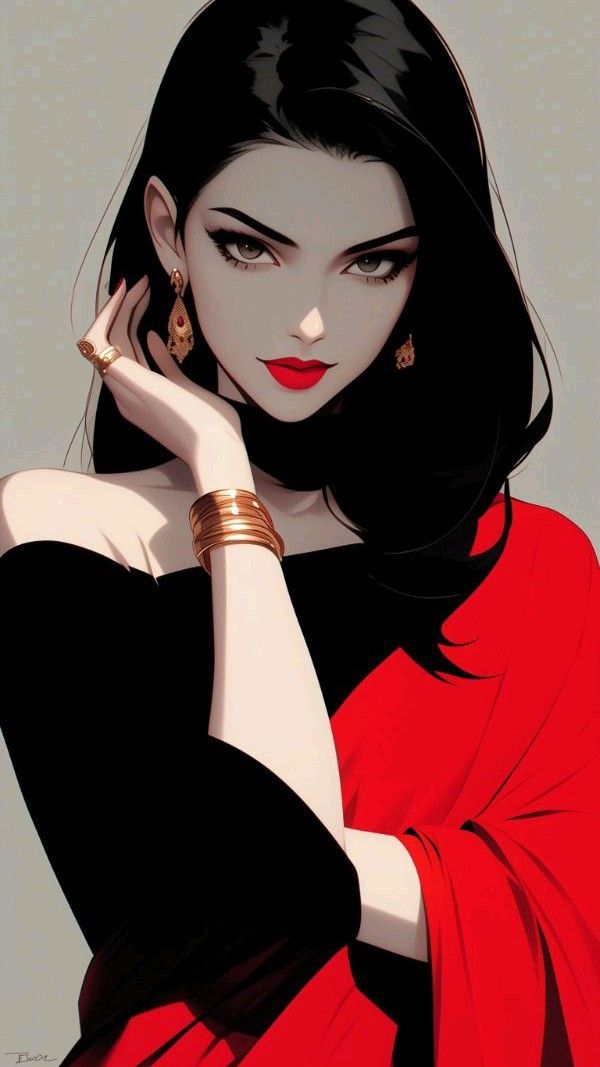 Illustration of a woman with long black hair and red lipstick wearing gold jewelry