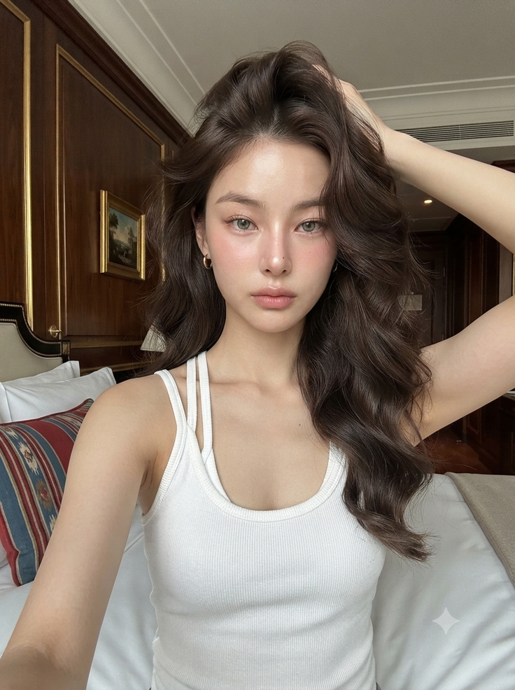 Woman with long brown hair in a white tank top posing in a bedroom